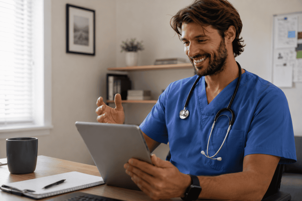 Healthcare professional using a tablet in an office setting. HCHB