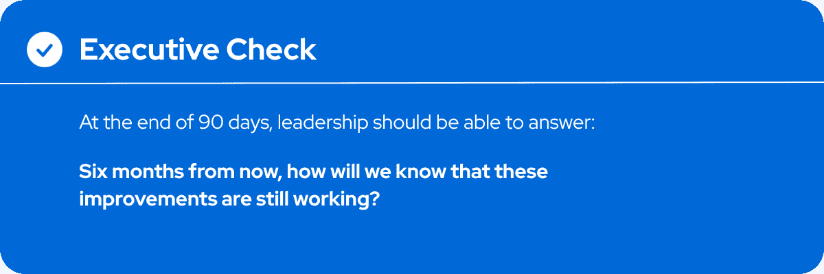 Executive checkup screen showing 90-day leadership assessment. HCHB