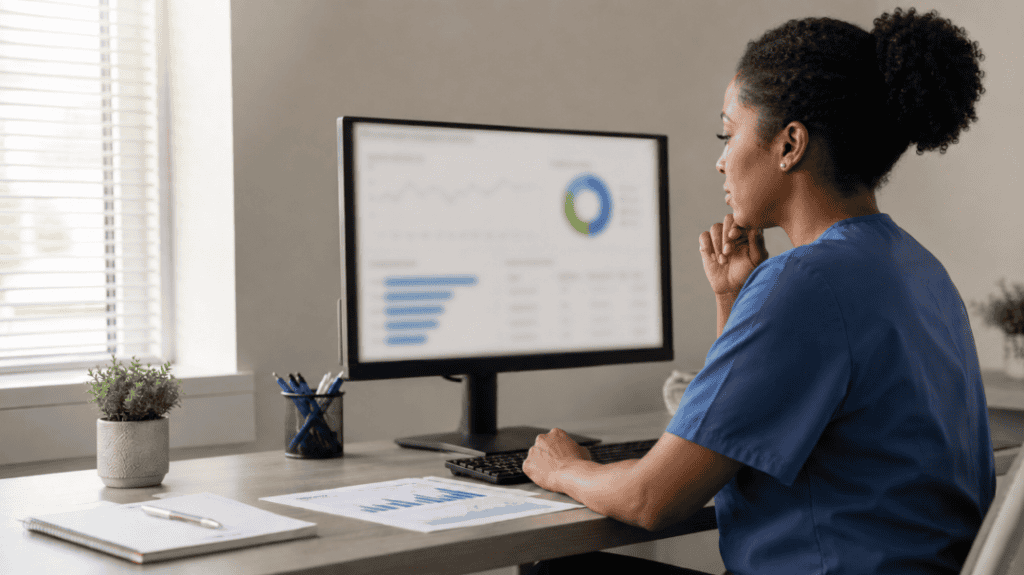 Homecare professional analyzing data on a computer screen for compliance. HCHB