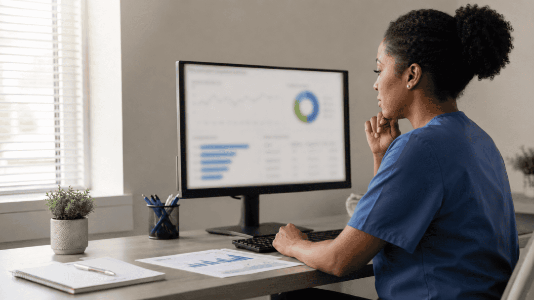 Homecare professional analyzing data on a computer screen for compliance. HCHB