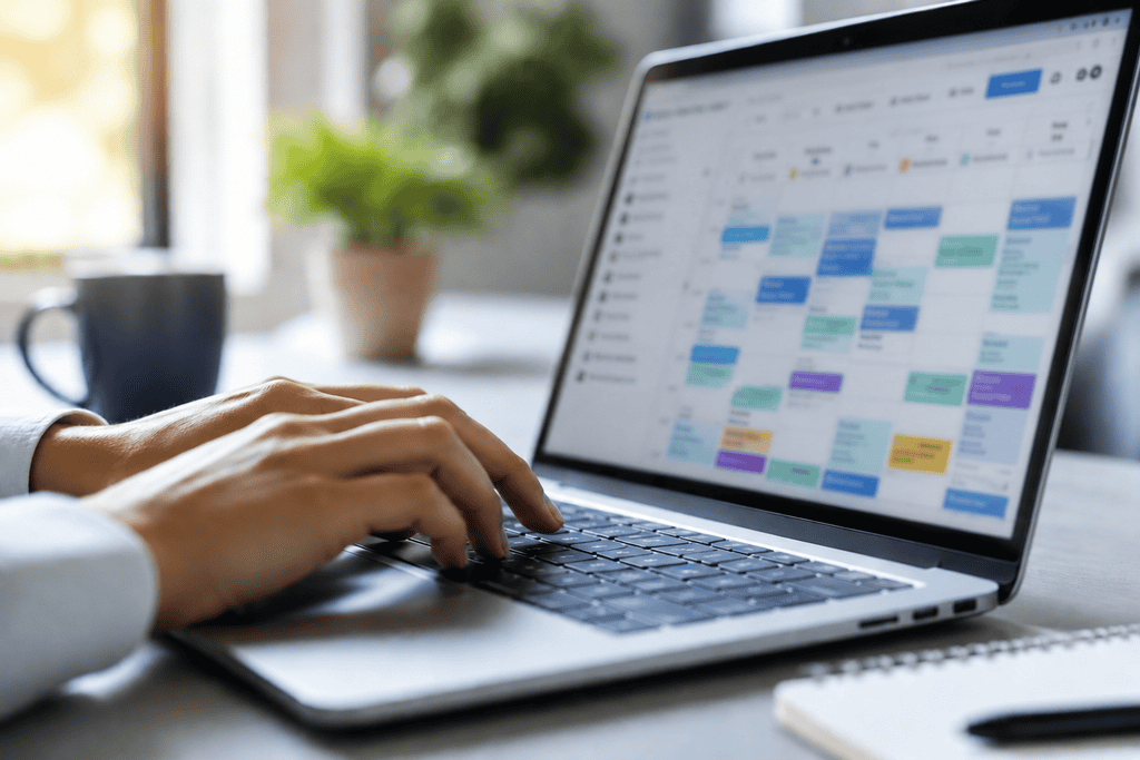 Person managing healthcare schedule on a laptop for home health compliance. HCHB