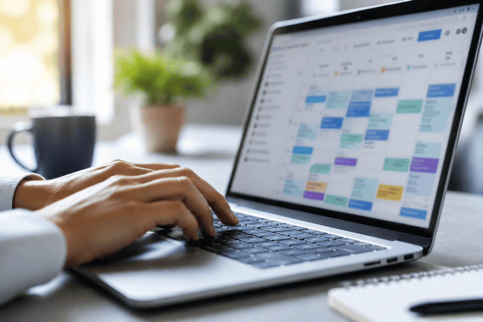 Person managing healthcare schedule on a laptop for home health compliance. HCHB
