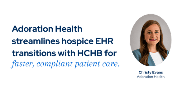 Adoration Health HCHB hospice EHR transition image featuring a smiling professional woman. HCHB