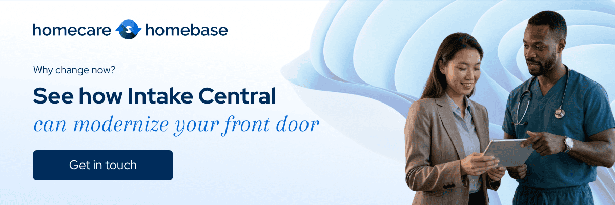 See how Intake Central can modernize your front door. HCHB banner invites home health and hospice providers to get in touch.