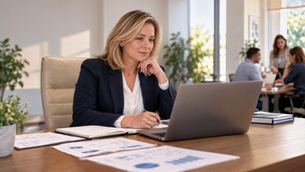 Businesswoman using laptop in modern office for homecare management. HCHB