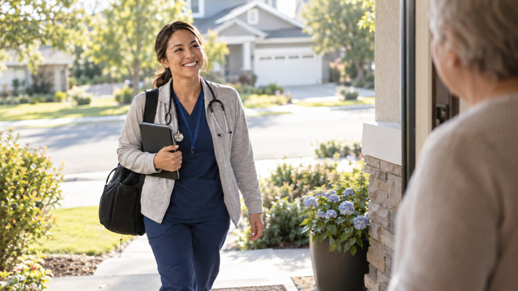 Homecare nurse smiling at elderly patient outside home. HCHB