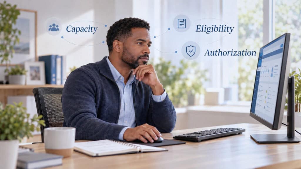 Professional using Homecare Homebase software on desktop computer. HCHB