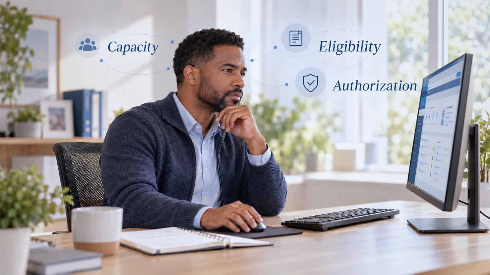 Professional using Homecare Homebase software on desktop computer. HCHB