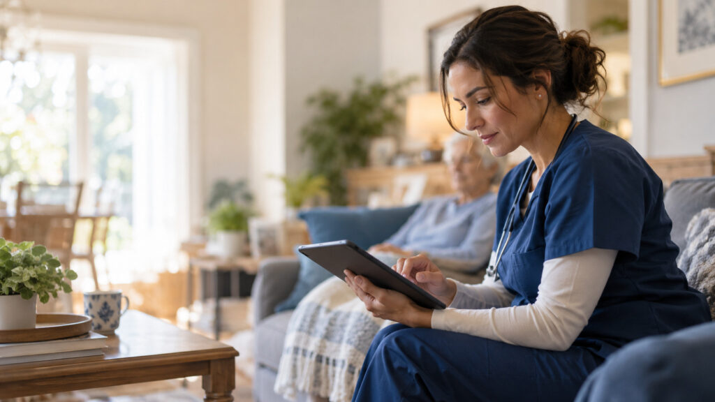 Homecare Homebase nurse using tablet for patient management. HCHB