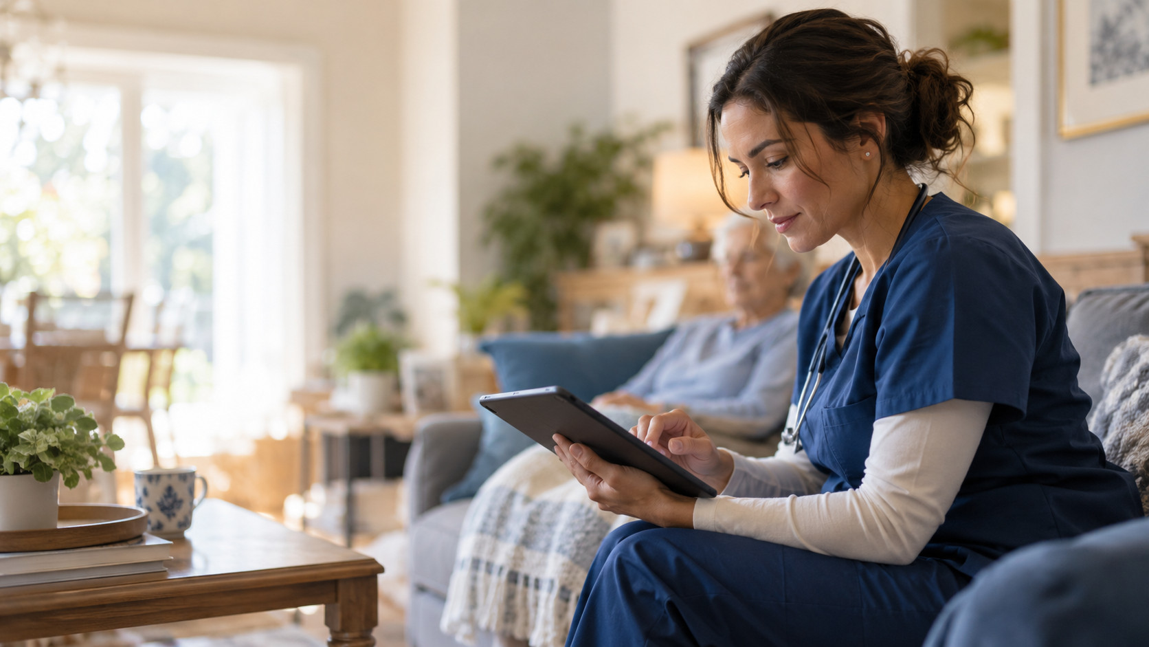 Homecare Homebase nurse using tablet for patient management. HCHB