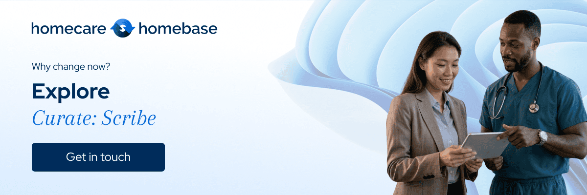 Explore Curate: Scribe, embedded AI documentation assistance for clinicians, with a Get in touch call to action.