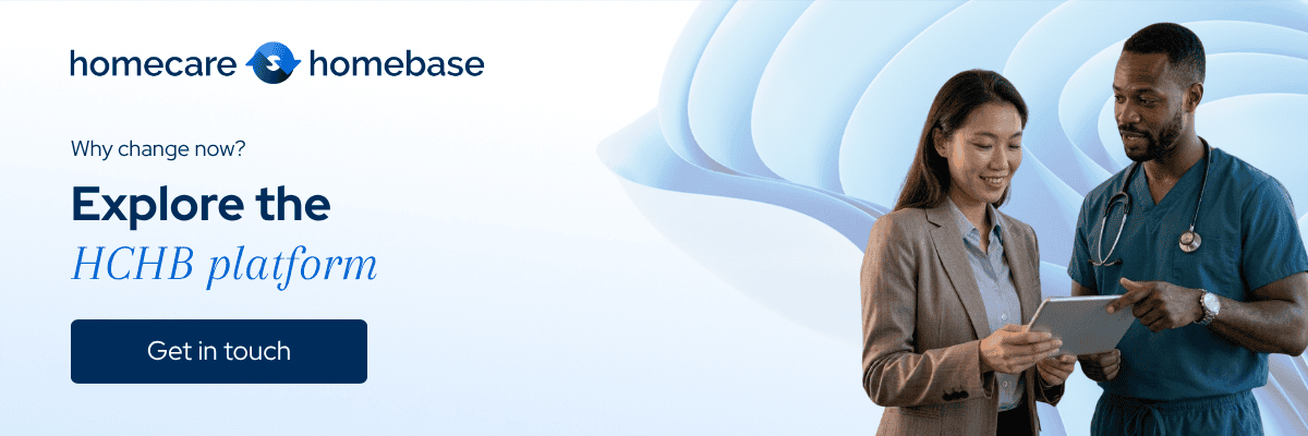 Explore the HCHB platform: a homecare homebase banner with a care team and a Get in touch button.