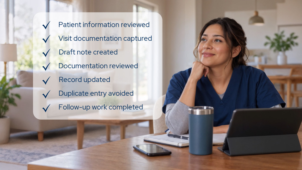Woman using Homecare Homebase software for patient documentation. HCHB