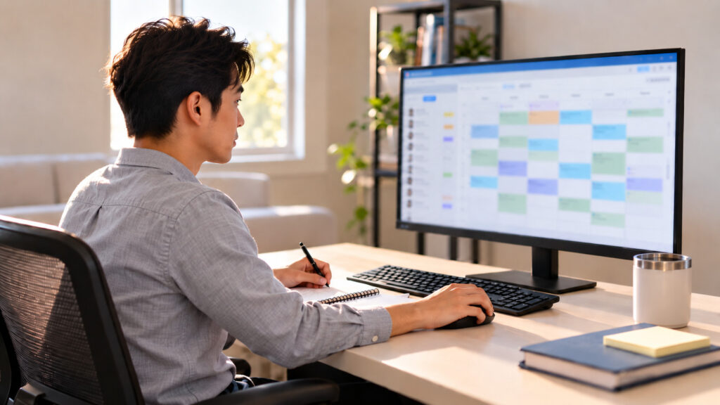 Clinician reviewing a home health schedule on a computer.