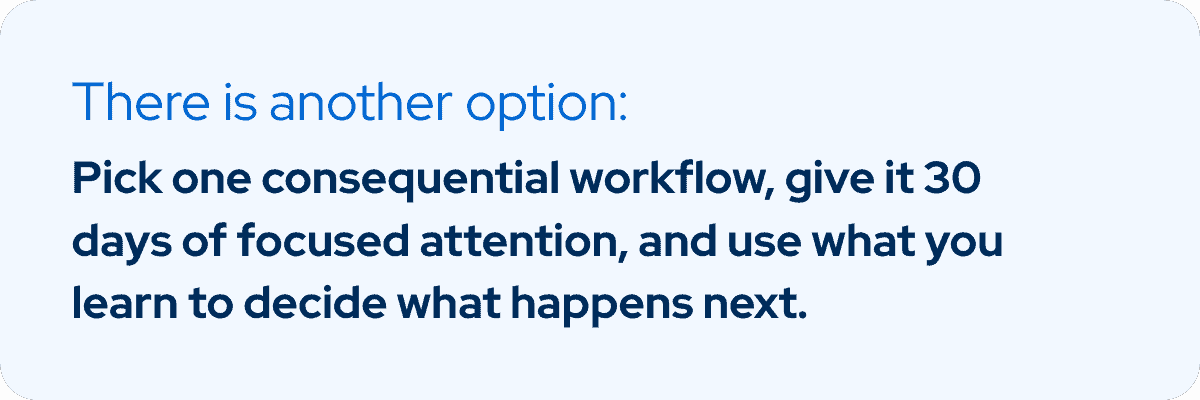 Callout recommending one consequential workflow, 30 days of focused attention, and a decision based on what the team learns.